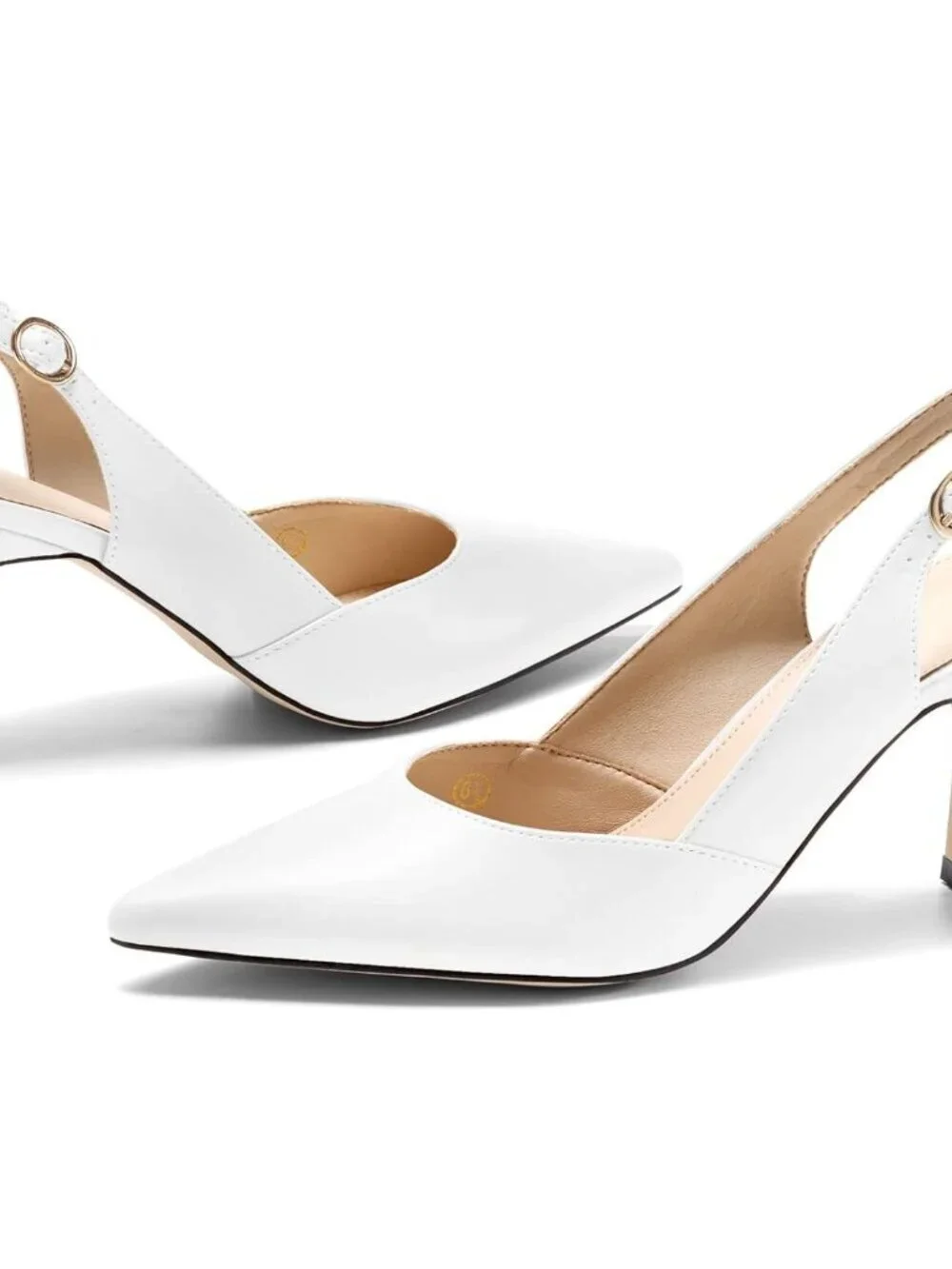 Women's White/pu Slingback Kitten Heels Closed Pointed Toe Pumps Shoes